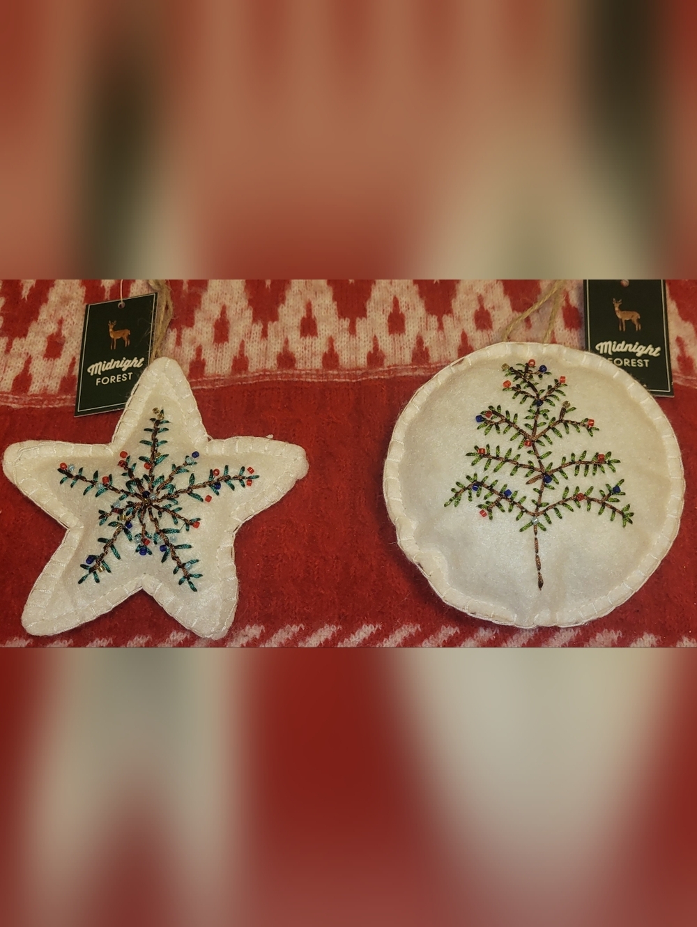 St Nicholas Square, Midnight Forest, White Felt Embroidered & Beaded Ornaments